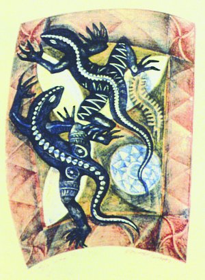 Pili Siva Lua. a lithograph by Michel Tuffery