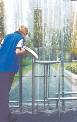 A drink from the futuristic fountain beside the new Centennial Pool
