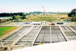 looking south over aeration tanks and clarifiers
