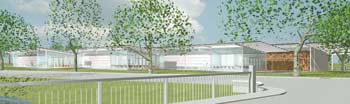 Concept drawing of what the new Library/Service Centre and Learning Centre for south Christchurch will look like. This view is from the Heathcote River bridge looking South east from Colombo Street.
