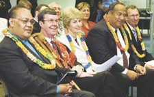 Reverend Lapana Faletolu of St Paul’s Trinity Pacific Presbyterian Church, Christchurch Mayor Garry Moore, City Council Chief Executive Dr Lesley McTurk, Ministry of Pacific Island Affairs Chief Executive Fuimaono Les McCarthy, and Canterbury District Health Board Chief Executive Gordon Davies enjoy some banter as they listen to Chris Pickrill, Chief Executive of the Canterbury Development Corporation — one of four partners in the protocol.