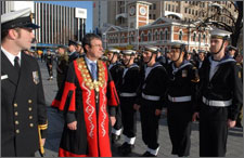 Mayor Garry Moore inspecting the Charter Parade with Tony Millar, the Commander Officer of HMNZS Canterbury