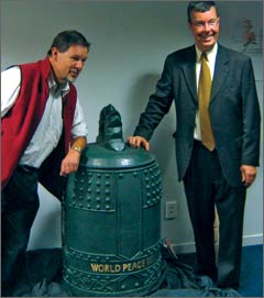 Mayor Garry Moore & Roy Sinclair, Chair of the Christchurch Peace Bell Association, at the unveiling of th Christchurch Peace Bell