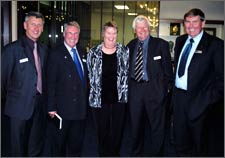 Jan Francis, Executive Officer of the Mayors Taskforce for Jobs, with MTFJ members (l to r) Mayor Brendan Duffy (Horowhenua DC) Mayor Mchael McEvedy (Selwyn DC) Mayor Jim Gerard (Waimakariri DC) Mayor Juno Hayes (Clutha DC), at the MTFJ Annual meeting, March 2005.